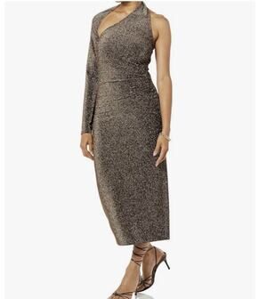 TEREA By Andrea Pitter Gold Women's Nola One Shoulder Metallic Midi Dress Med #1